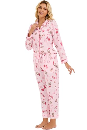 Image of LUBOT 100% Cotton Pajamas for Women Pajama Set 2 Piece PJ Sleepwear Set Soft Ladies Button Knit Long Sleeve Loungewear XS-XXL