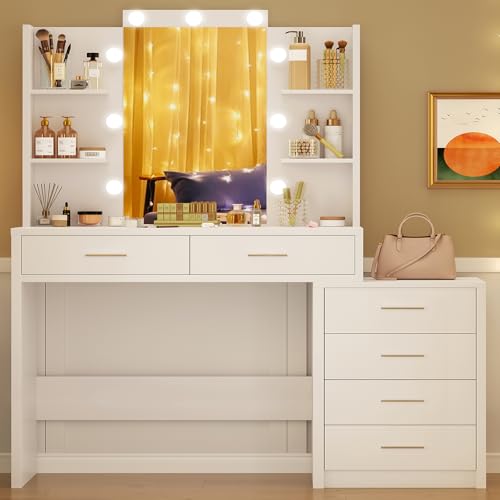 Image of FIONESO 43.3 inch W Vanity Desk with Mirror and 9 LED Lights, Makeup Vanity with 6 Drawers, 6 Open Shelves, 3 Color Modes & Adjustable Brightness, Dressing Table for Girls Bedroom, White