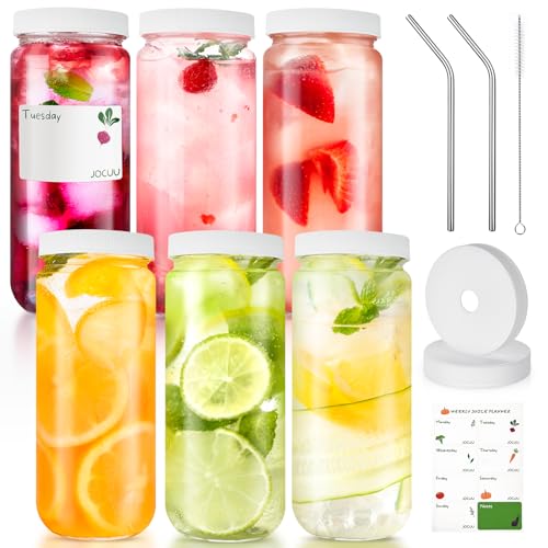 Jocuu 6 Pack 16 oz Glass Juice Bottles with Lids, Versatile, Reusable Glass Drinking Jars for Juicing, Smoothies, Water Bottles Mason Jar Ideal for Home, Travel, & Fitness – Jar with Caps and Straws