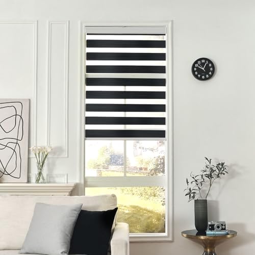 Joydeco Cordless Zebra Blinds for Windows, Dual Layer Free-Stop Zebra Shades Privacy Light Control for Day and Night, Light Filtering Sheer Blinds for Indoor Windows (Black, 34" W x 75" H) by Joydeco - Image 6