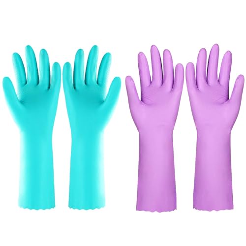 Elgood Reusable Washing up Gloves Latex Free Dishwashing Gloves with Cotton Lining, Non-Slip and Waterproof Cleaning Gloves for Kitchen 2 Pairs (Blue+Purple, L)