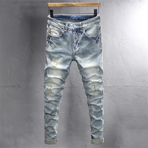Men's Fashion Retro Washed Stretch Slim Fit Printed Ripped Jeans Vintage Denim Pants2