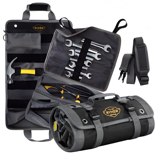 The Ryker Bag Black Pro Tool Roll – Heavy-Duty Canvas Roll-Up Tool Organizer w/detachable pouches for Bolts, Sockets & Small Power Tools for Electricians, Plumbers, HVAC Techs & DIY Professionals