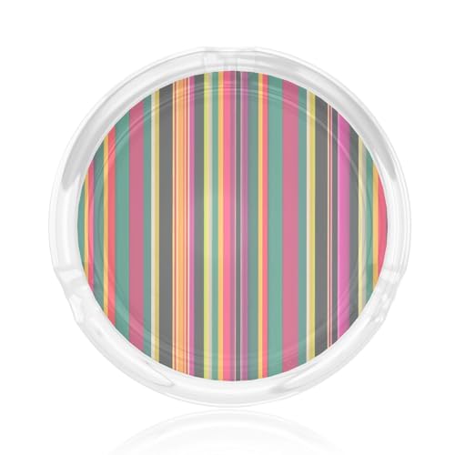 Posacenere rotondo in vetro trasparente con stampa a righe arcobaleno colorato 8,4 cm per decorazione esterna casa ufficio patio auto facile da pulire