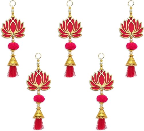 Juego de 5 colgantes de loto y colgantes para decoración del hogar Diwali, colgantes de pared para decoración de templos, decoración de habitación Pooja, pieza de exhibición de gotero de loto para