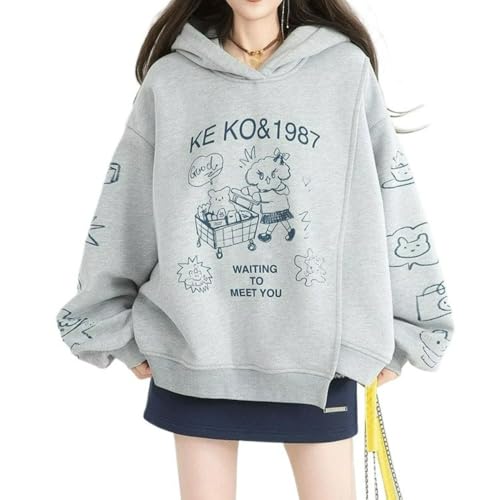 Y2k Harajuku Casual Retro Cartoon Printed Pattern Hoodies Grey Sweatshirts Fashion Clothing