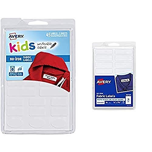 Avery No-Iron Kids Clothing Labels, Washer & Dryer Safe, Writable Fabric Labels, 45 Daycare Labels (40700) and Avery No-Iron Fabric Labels, Washer & Dryer Safe, Handwrite, 1/2 x 1-3/4 Pack of 54