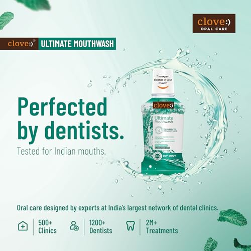 Image of Clove Ultimate Mouthwash, Antibacterial & Anti-Plaque, Kills 99.9% Germs, 24-Hour Bad Breath Protection, Safe formula, Fresh Icy Mint Flavour, 250ml