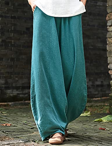 Women's Linen Cotton Wide Leg Pants Lantern Tapered Soft Elastic Waist Trousers with Pockets3