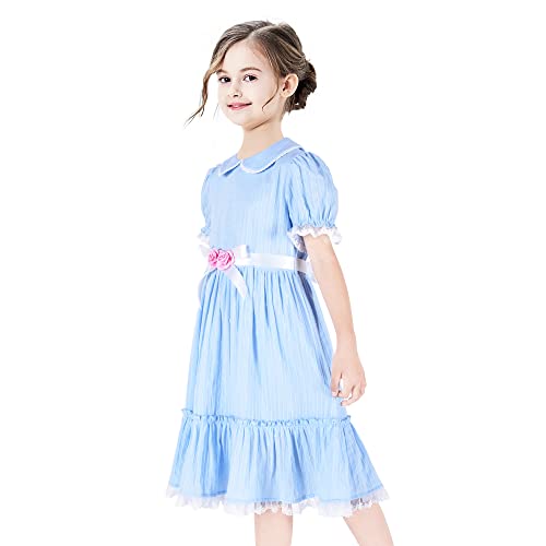 Sunny Fashion Girls Dress Blue Collar Pink Flower Scary Horror Twins Halloween2