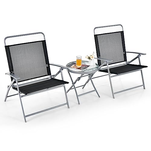 Image of Tangkula 3 Piece Patio Folding Chair Set, Outdoor Metal Conversation Set w /Coffee Table, Extra-Large Seat, Stable Metal Frame, Portable Folding Chair & Table Set for Front Porch, Backyard