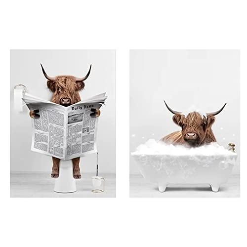 DragonX2 Image De Vache 2pcs Photo Salle De Bain Peinture Murale Vache Highland Dans Le Bain Poster Animaux Pour Salon, Salle De Bain, Chambre, Salle De Bain...