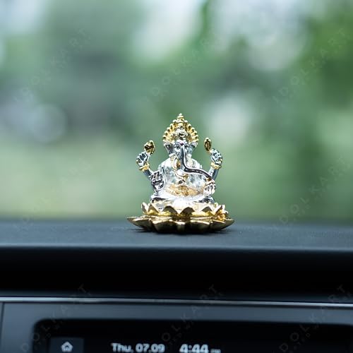 Image of Idolkart 24K Pure Gold and 999 Silver Coated Vastu Lotus Ganesh Idol /Murti for Diwali Puja, Home Temple, Office, Car Dashboard | Ganpati Vinayak Decorative Showpiece (3 inch)