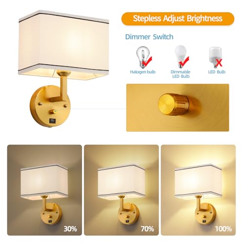 Image of 9.5 inch Wall Sconce with Plug-in Cord, USB Charging Port & Dimmer Switch, White Fabric Rectangular Shade Wall Mounted Lamp for Bedroom, Living Room, Hallway (Gold Finish)