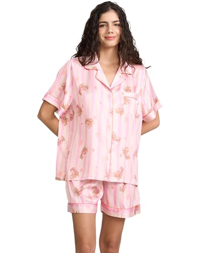 Image of YiNi LuLu Womens Silk Satin Shorts Pajamas Set Button Down 2 Piece Pjs Short Sleeve Oversized Sleepwear with Pockets