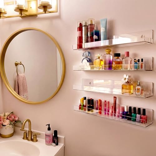 Image of 4 Pack 15 Inch Clear Acrylic Floating Wall Shelves, Kids Bookshel | Modern Display Rack for Nail Polish, Sunglasses, Oils, Toys & Pictures