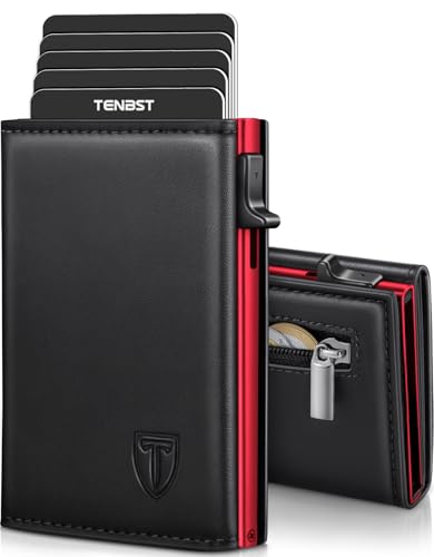 TENBST Geldbörse Herren, Edle Portemonnaie Herren mit Münzfach, RFID-Sicher Slim Wallet, Geldbeutel Premium für 10 Karten - Rot-Schwarz