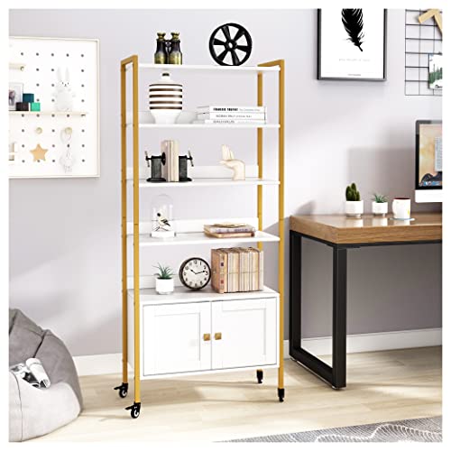 YUKOJUR 5-Tier Bookshelf with 2 Louvered Doors, Gold Frame and Wood Storage Shelf with 4 Wheels for Living Room, Bedroom, Home Office, White Cover
