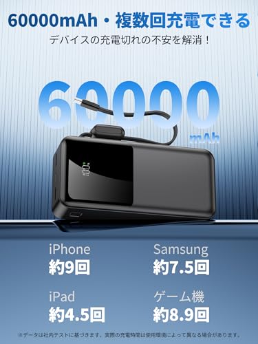 モバイルバッテリー 大容量 60000mAh【2026新モデル・高出力ケーブル内蔵】モバイルバッテリー 急速充電 SCP22.5W/PD20W対応 携帯充電器 5台同時に充電 Type-C入出力ポート 最大3A出力 LED残量表示 PSE技術認証済 安全設計＆回路保護 スマホ充電器 iPad/iPhone/Android全種機器対応 コンパクト&軽量 旅行/出張/アウトドア/停電/防災緊急用