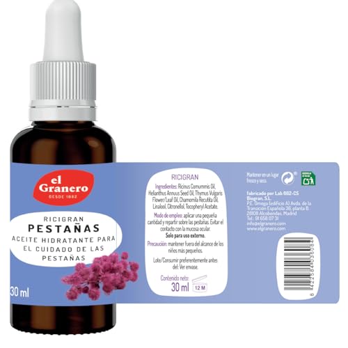El Granero Integral - Ricigran Pestañas - 30 ml - A Base de Aceite de Ricino - Estimula el Crecimiento de las Pestañas - Apto para Pieles Sensibles - Ideal para Realizar un Masaje
