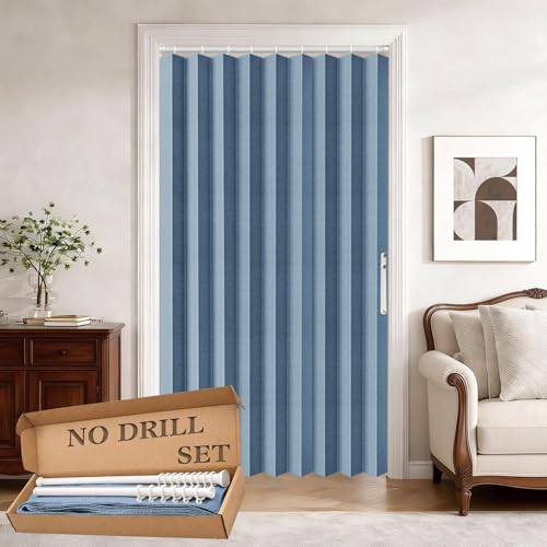 Jilron Accordion Door Curtain Set - 100% Blackout, with Curtain Rod Included, for Bedroom Privacy Protection (Blue-43 W x 78" L+Rod)