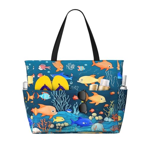 Blue underwater world of fish Large Capacity Beach Travel Bag, Foldable Beach Bag with Zipper, Great for Grocery Bag Pool Gym Travel Shopping