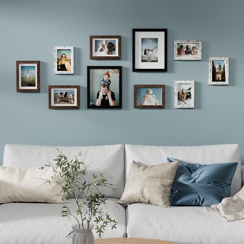 Image of Vittanly 10 Pack Picture Frames Collage Wall Decor, Gallery Wall Frame Set for Wall or Tabletop Display, Multi Sizes with Two 8x10, Four 5x7, and Four 4x6 Photo Frames, Black&Brown&Distressed White