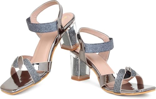 Image of Action Women's Rose Gold Glitter Sandals| Clear Block Heel| Cross-Strap Design with Ankle Strap Bronze