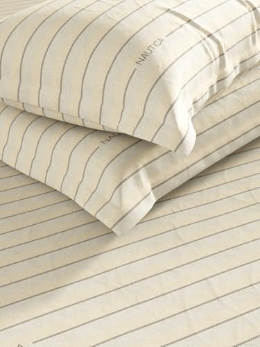 Image of NAUTICA Super Soft 100% Cotton King Bedsheet with 2 Pillow Covers -3pc Set (Bradford) | 160TC | Super Soft Touch Stripe-Coffee /Brown