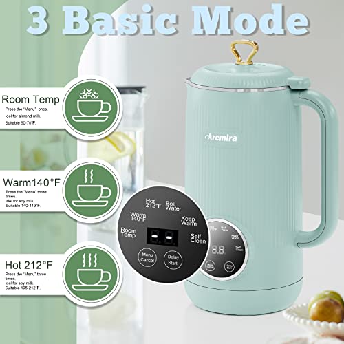 Arcmira Automatic Nut Milk Maker, 20 Oz Homemade Almond, Oat, Soy, Plant-Based Milk And Dairy Free Beverages, Almond Milk Maker With Delay Start/Keep Warm/Boil Water, Soy Milk Maker With Nut Milk Bag, Blue-Green #TOP2