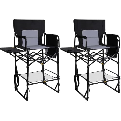 Image of Romswi 2 Pack 30 inch Extra Tall Folding Camping Chairs, Heavy Duty Director Chairs with Side Table, Cup Holder & Storage Pocket, 400 LBS Support, Portable Outdoor Chairs for Camping, Sports, Black