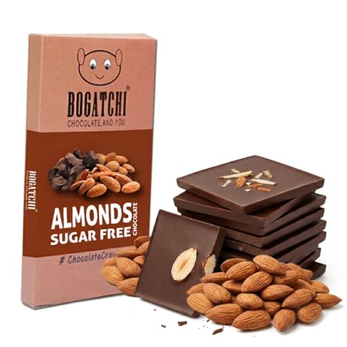 Image of BOGATCHI Almond Sugar Free Dark Chocolate Bites (15 Pcs) | Healthy Roasted Almond Chocolate Squares | Zero Sugar Premium Diabetic Friendly Snack & Gift Box | Vegetarian 80g