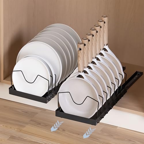 Image of Livzing Pan & Pot Organizer Rack for Cabinet - Stainless Steel Adjustable Sliding Kitchen Rack for Frying Pan, Plate, Lids - Under Cabinet Storage for Modular Kitchen - Expandable Cookware Organizer