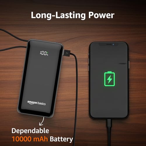 Image of Amazon Basics Power Bank, 10000mAh, 35W Nano, Built-in Type C Cable, 2 Ports - Metallic Silver