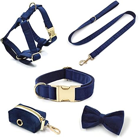 PETDURO Custom Dog Collar Personalized with Name Engraved Gold Metal Buckle for Large Medium Small Boy and Girl Dogs - Dog Leash and Bow Tie Set Available - Soft Comfy Velvet (Dark Blue, S) - 3