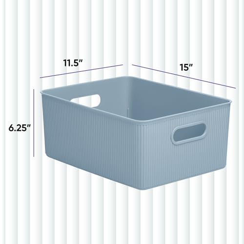 Image of Superio Ribbed Collection - Decorative Plastic Basket Open Home Storage Bins Organizer, Large Blue (6 Pack) Container Boxes for Organizing Closet Storage Bins for Shelves 15 Liter /16 Quart