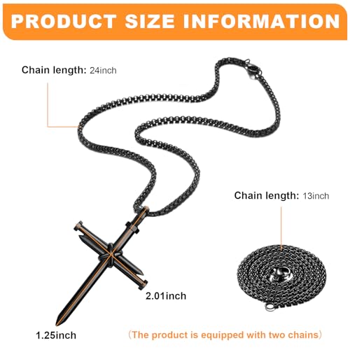 2PCS Nail Cross Pendant for Men, Hanging Cross Car Rearview Mirror Hanging Chain with 3 Nail, Stainless Steel Religious Cross Decoration(Black)2