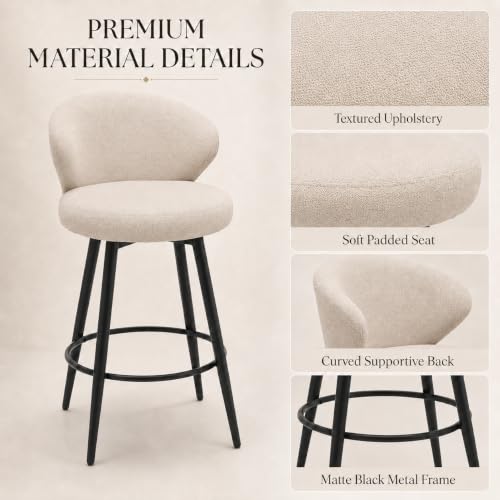 Image of Bar Stools Set of 3, 360 Swivel Breathable Fabric Kitchen Counter Height Stools, 26 inch Upholstered Bar Chair for Kitchen Islands, Restaurant, Ivory