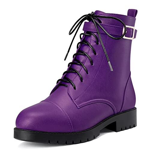 NobleOnly Mujer Bajos Chunky Ancho Heel Redonda Punta Cordones Cremallera Botines Oficina Clásico Zapatos Morado A 37 EU
