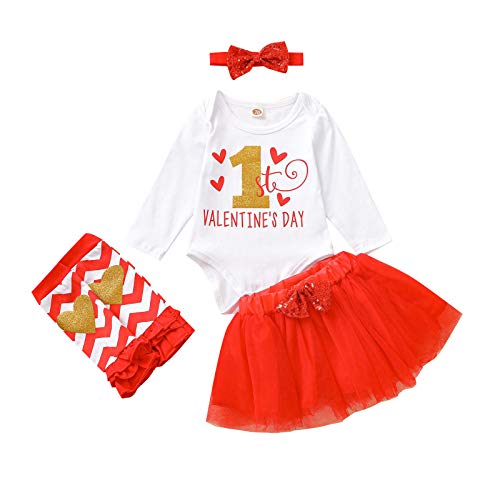 YOUNGER TREE Newborn Baby Girls Valentines Day Outfit Long Sleeve Romper Tutu Skirt Headband Leg Warmer 4PCS Outfits (1st Valentine's Day, 0-6 Months)