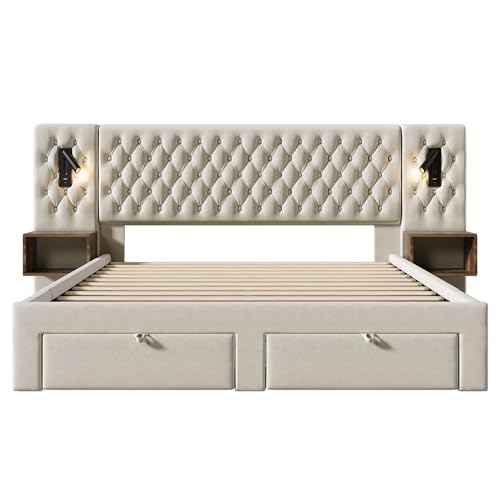 Polsterbett mit Matratze, Doppelbett Bettanlage 160x200 cm, Schlafzimmer Komplett Set mit 2x Nachtkommoden und 4 Schubladen, LED Kopfteil Stauraumbett mit Leselicht & USB Ladefunktion, Samt, Beige – Bild 8