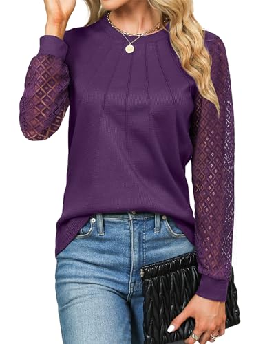 Blooming Jelly Women's Waffle Knit Tops Dressy Business Casual Blouses Lace Long Sleeve Work Shirts Fall Clothes