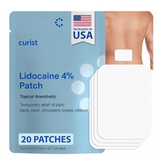 Curist Super Stick Lidocaine Patches Maximum Strength Topical Pain Relief - Long Lasting Adhesive for Back Relief, Neck Relief, Sore Muscle Relief (20 Patches -1 Pack - 3x5" Lidocaine 4% Patches)