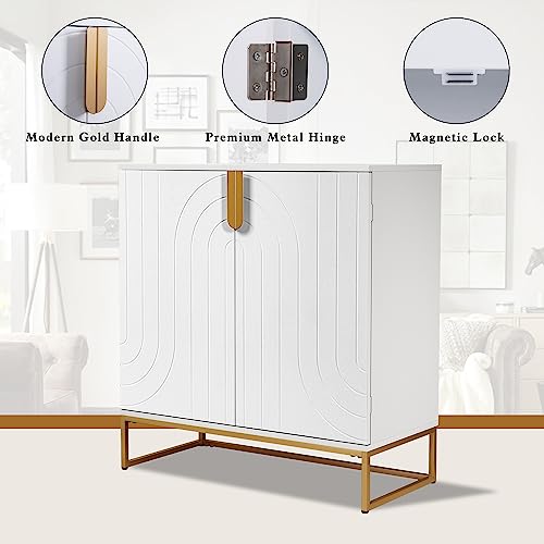 Hlr Accent Wood Grain Cabinet With 2 Doors, Storage Cabinet Sideboard With Gold Metal Legs For Living Room,Entryway And Kitchen Dining Room, White #TOP5