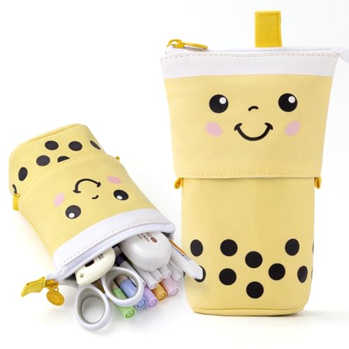 Image of ANGOOBABY Cute Pencil Case Standing Pen Holder Telescopic Makeup Pouch Pop Up Cosmetics Bag with Kawaii Smile Face Stationery case Office Organizer Box for Girls Students Women Adult (Yellow)