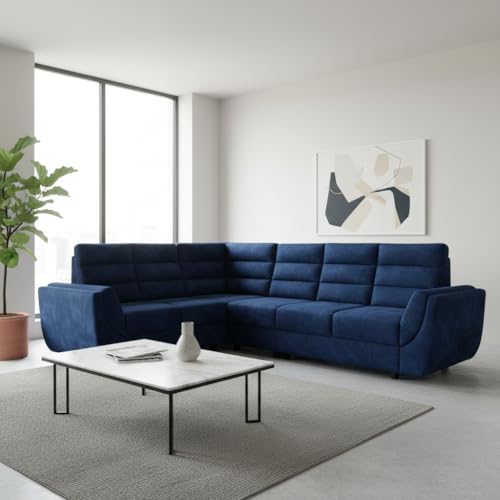Image of APRODZ Wooden Sofa Set 6 Seater for Living Room, Solid Wood L Shape Sectional Sofa with Velvet Fabric Upholstery, Cushioned Seating for Home, Office & Lounge, Blue