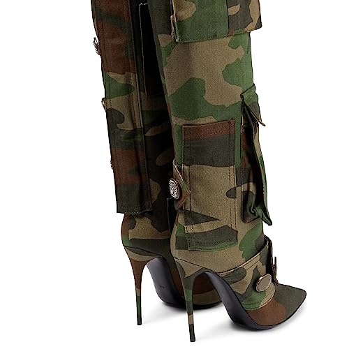 Arqa Women's Stiletto Heel Knee High Camouflage Boots Pointed Toe Multiple Pockets Fashion Boot4