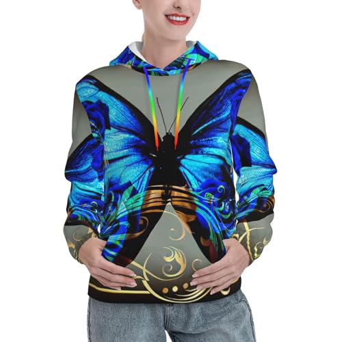 Sweat à capuche imprimé papillon bleu pull femme ajusté à poche EdWal