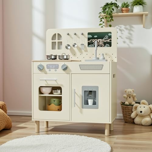 Image of MAMIZO Play Kitchen for Kids, Pretend Playset with Blackboard & Realistic Lights & Sounds, Ultimate Interactive Wooden Kitchen with Knob Sounds, Sink, Water Dispenser, 6 Pcs Cookware for Ages 3+,Cream