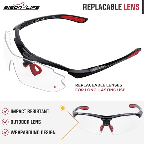 Image of BISON LIFE Vison Safe SportzV Safety Glaases - Clear Lens Black Temple Anti-Scratch Anti Fog Red Soft Rubber Nose Pads & Soft Touch Temple Tips, Outdoor Sports Construction Eyewear for Men & Women